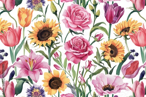 Pattern with tulip flowers watercolor on white background. beautiful floral pattern with watercolor flowers. watercolor flowers. seamless pattern. watercolor tulips. colorful flowers
