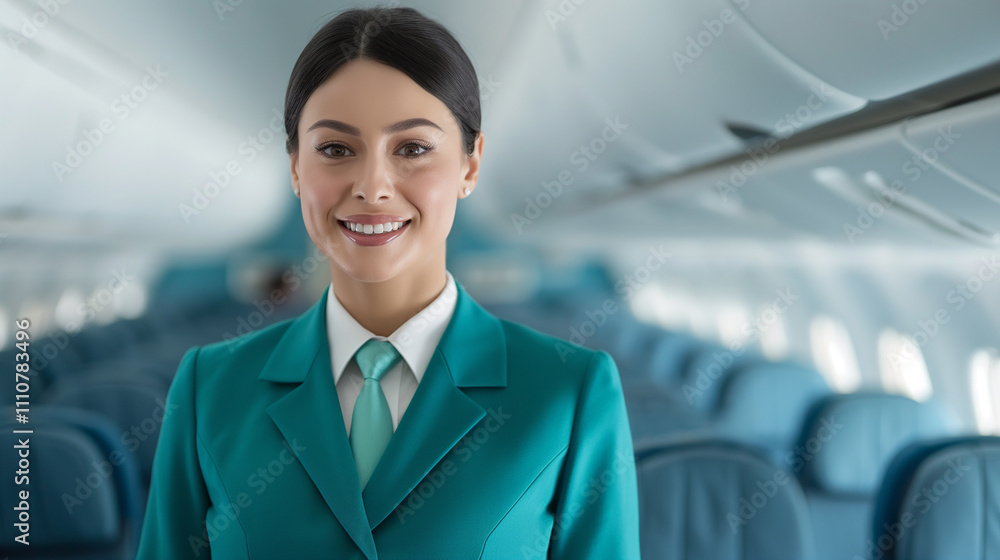 Smiling cabin crew flight attendant in uniform stood in an empty airplane Smiling cabin crew flight attendant in uniform stood in an empty airplane