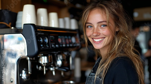 Young barista smiles warmly while serving coffee at a cozy cafe during a busy morning