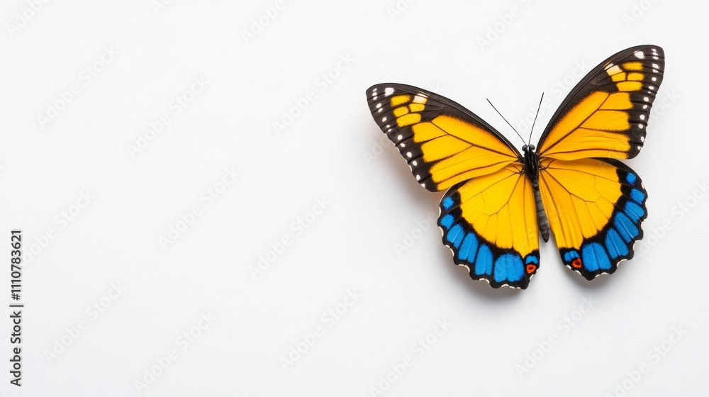 Blue, yellow, and orange butterfly flying against white background, vibrant colors Blue, yellow, and orange butterfly flying against white background, vibrant colors