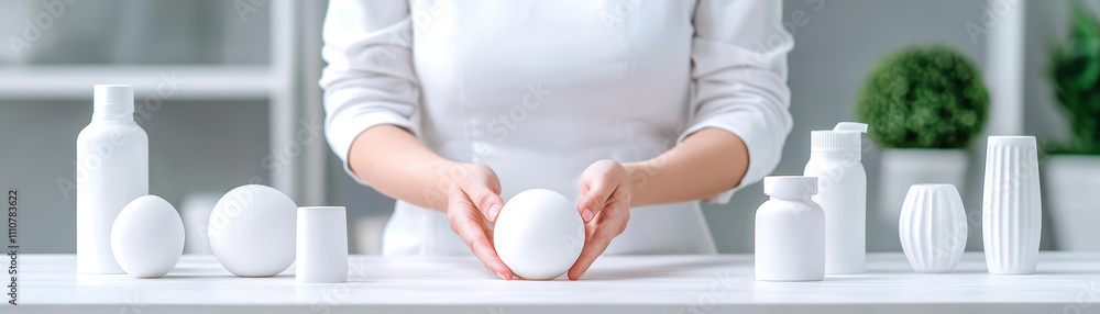 person holding white ceramic object surrounded by decorative items creates serene atmosphere. arrangement features various white ceramic shapes, enhancing minimalist aesthetic person holding white ceramic object surrounded by decorative items creates serene atmosphere. arrangement features various white ceramic shapes, enhancing minimalist aesthetic