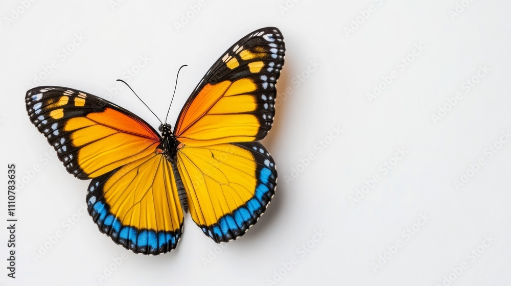 Fototapeta premium Blue, yellow, and orange butterfly flying against white background, vibrant colors