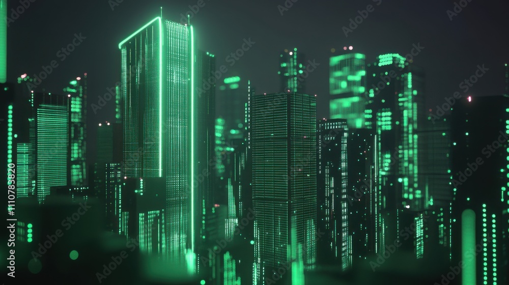 Futuristic Cityscape at Night with Neon Green Lights and Tall Buildings Futuristic Cityscape at Night with Neon Green Lights and Tall Buildings