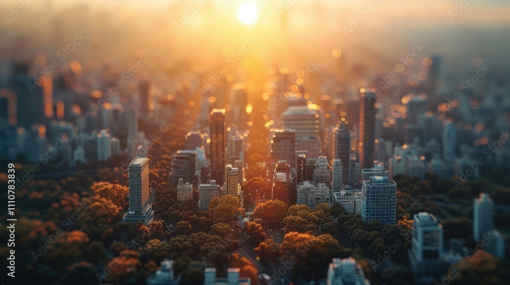 Golden sunset over a city skyline, miniature effect. Golden sunset over a city skyline, miniature effect.