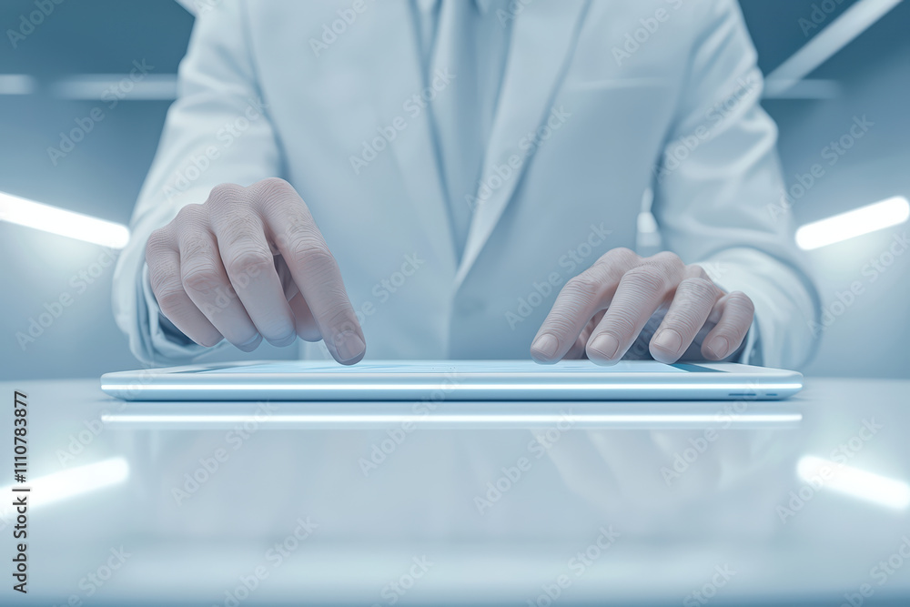 professional in white coat interacting with tablet device, showcasing modern technology in clinical setting. focus is on hands and device, emphasizing precision and innovation professional in white coat interacting with tablet device, showcasing modern technology in clinical setting. focus is on hands and device, emphasizing precision and innovation