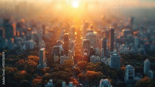 Golden sunset over a city skyline, miniature effect.