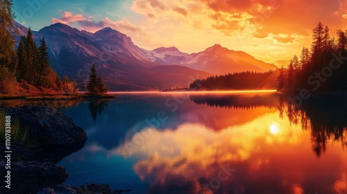 Fototapeta Naklejka Na Ścianę i Meble -  Breathtaking sunset over a tranquil lake surrounded by majestic mountains and vibrant colors reflecting on the waters surface