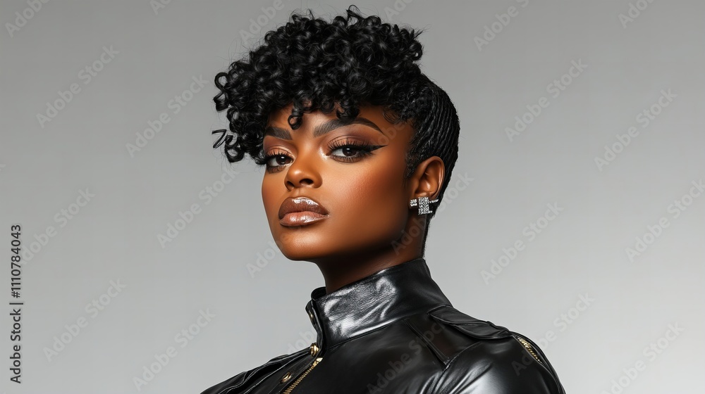 Obraz premium Stylish Black woman with curly hair, wearing a sleek black leather jacket, exuding confidence and glamour.