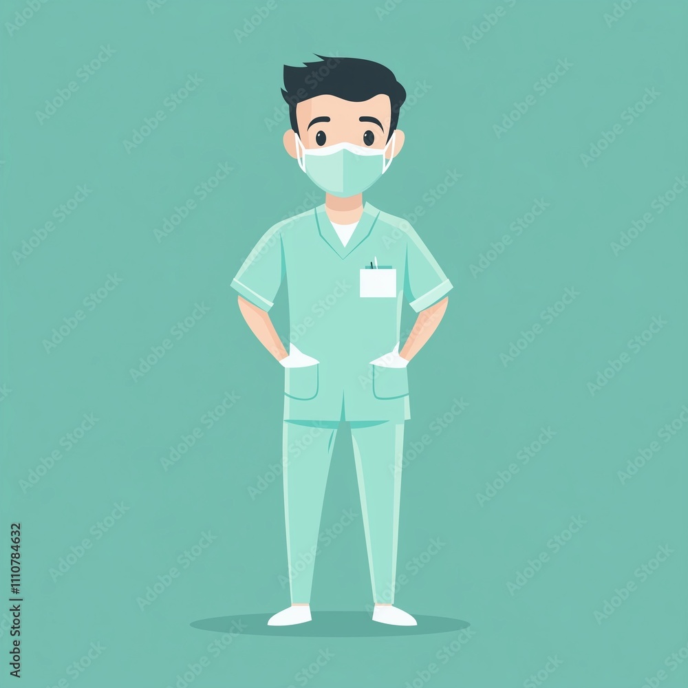 Minimalistic flat-style illustration of a healthcare professional in green scrubs and a face mask, standing confidently with hands in pockets Minimalistic flat-style illustration of a healthcare professional in green scrubs and a face mask, standing confidently with hands in pockets