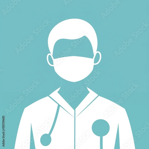 A simple and modern illustration of a medical professional wearing a mask, stethoscope, and scrubs. Rendered in a flat, teal color scheme for a clean, professional look. Ideal for healthcare branding  photo