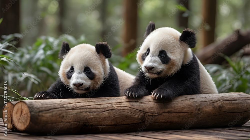 Fototapeta premium Playful Panda Cubs Resting on a Log