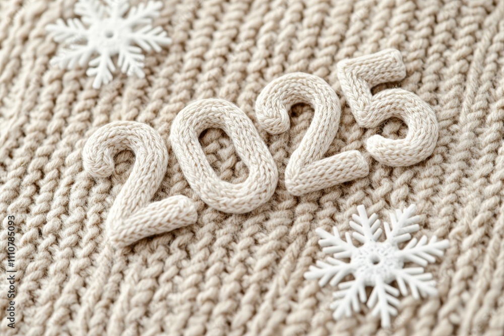 Knitted 2025 on beige sweater with white snowflakes Knitted 2025 on beige sweater with white snowflakes