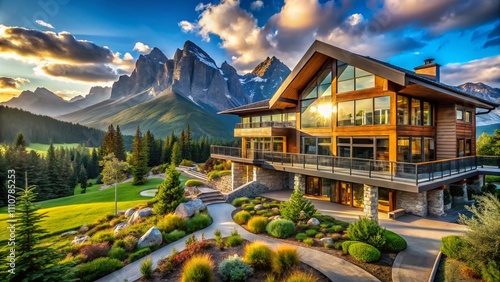 Stunning Architectural Photography of a Modern Mountain Lodge Nestled in a Breathtaking Alpine Landscape, Showcasing Harmonious Design and Natural Beauty Under Clear Blue Skies