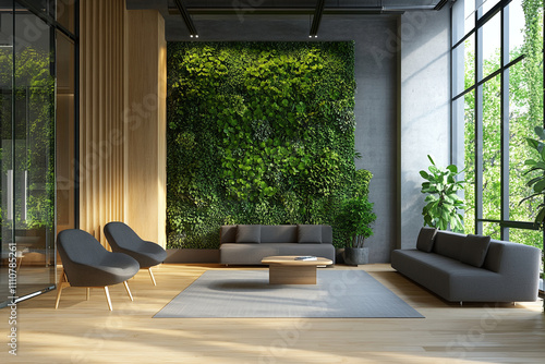 Organic fresh greenery living or office spaces, wall with decorative moss armchairs, sofa and table. Generic concept image of decorative moss that is used for interior design.