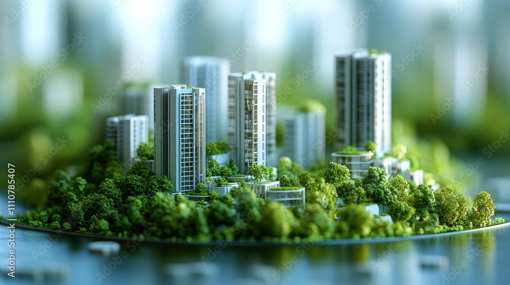 Fototapeta premium A miniature model of modern buildings surrounded by greenery, representing urban development.