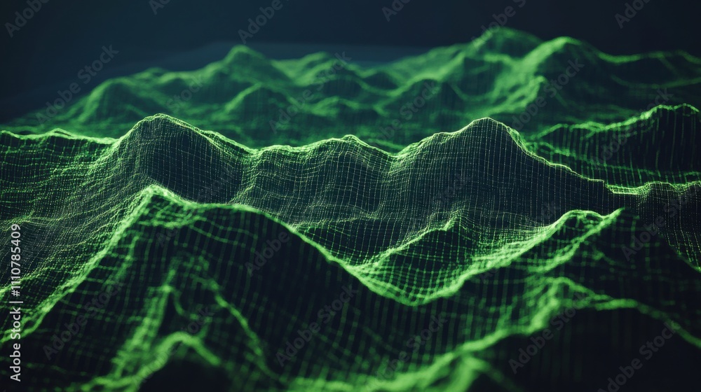 Naklejka premium Green Digital Landscape Data Visualization Mesh Waves Model