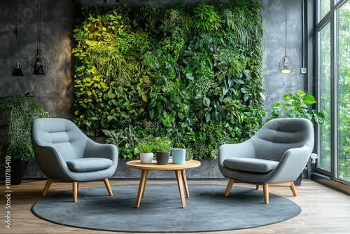 Organic fresh greenery living or office spaces, wall with decorative moss armchairs and table. Generic concept image of decorative moss that is used for interior design. photo