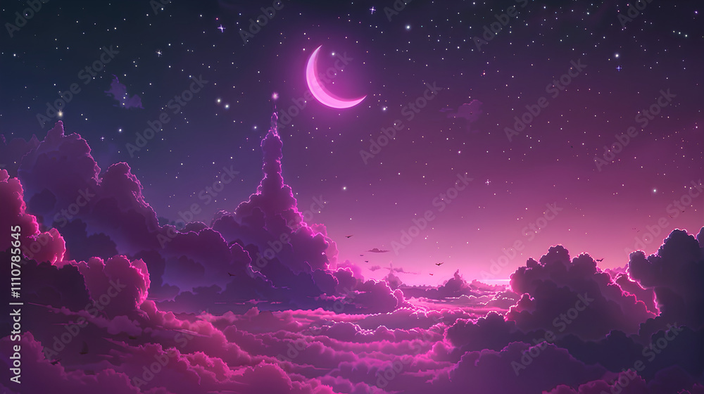 Fototapeta premium Anime-inspired pink and purple sky with a crescent moon, clouds, and stars - a lo-fi anime background, cute.