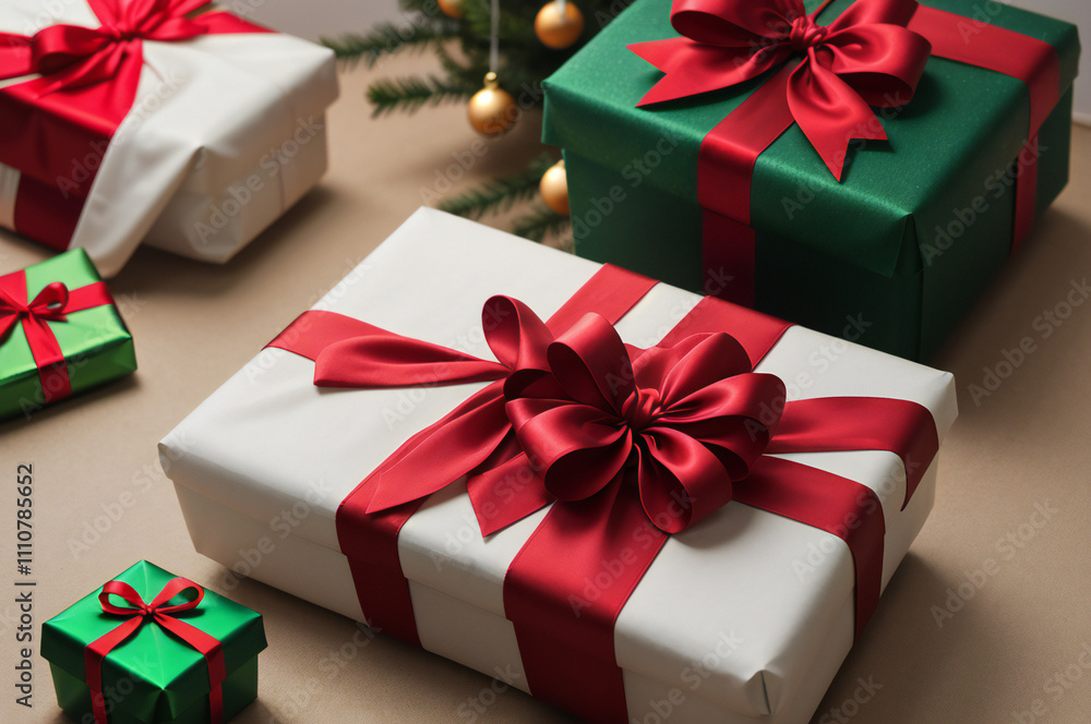 Christmas gifts with red ribbons behind the tree, Preparation for holidays. Close up Christmas gifts. Christmas gifts with red ribbons behind the tree, Preparation for holidays. Close up Christmas gifts.