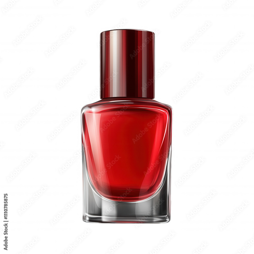 Nail Polish Bottle Close-Up with Clear Contents - Sleek Red Nail Lacquer in Upright Position on Plain Background Nail Polish Bottle Close-Up with Clear Contents - Sleek Red Nail Lacquer in Upright Position on Plain Background