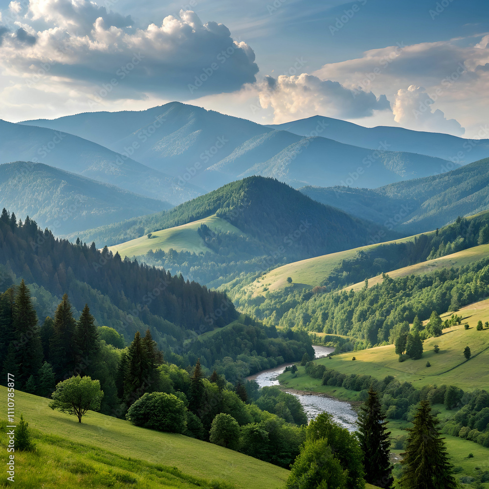 Fototapeta premium A stunning green landscape showcasing lush vegetation, vibrant plants,
