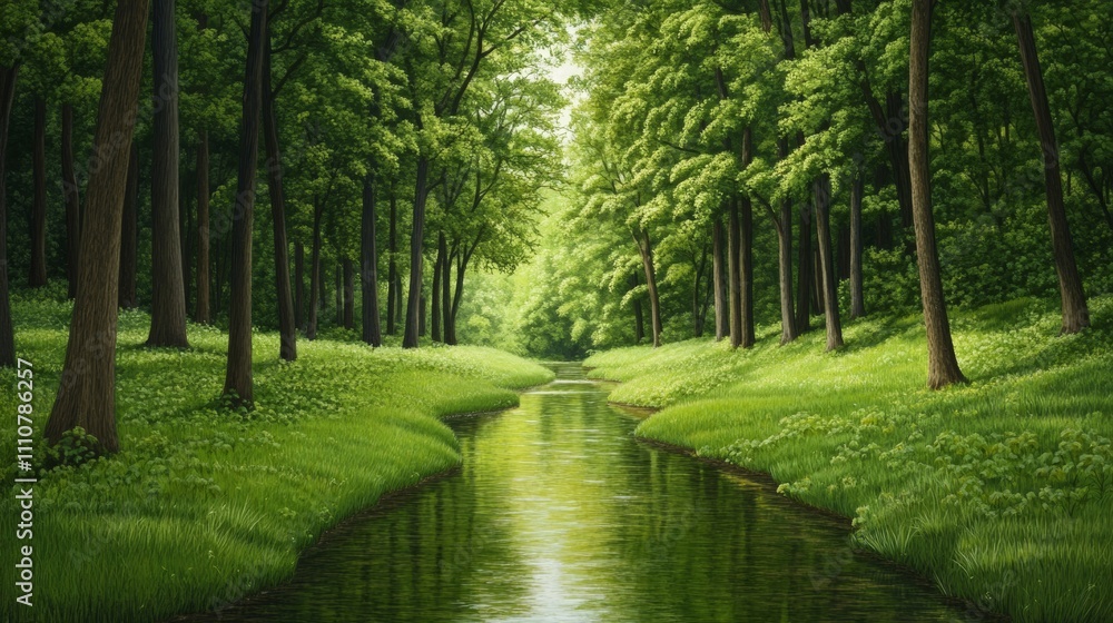 Obraz premium Forest creek scene, warm sunlight, green, brown, gold, serene atmosphere 