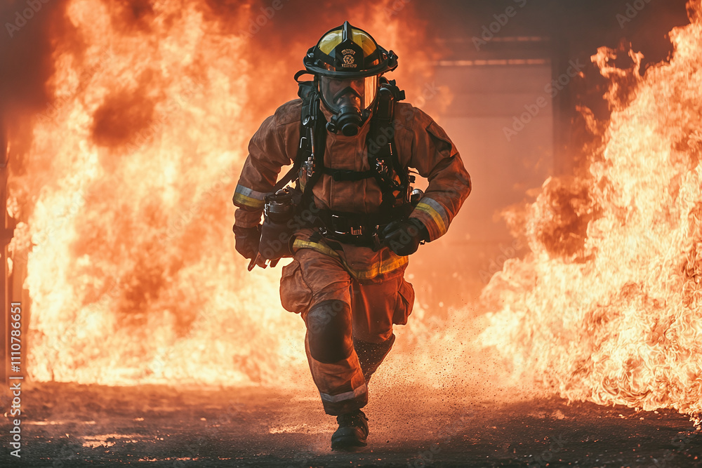 Fototapeta premium Firefighter in full protective gear walking brave through of a burning building interior, flames and smoke filling around.