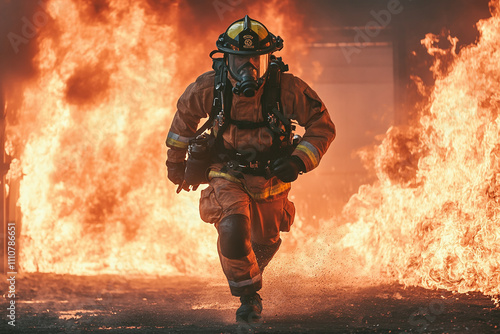 Firefighter in full protective gear walking brave through of a burning building interior, flames and smoke filling around. photo