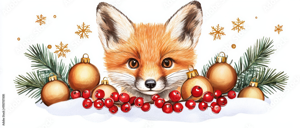 Fototapeta premium Charming fox illustration with festive decorations, ornaments, and snow. This delightful artwork captures spirit of season with vibrant colors and joyful elements