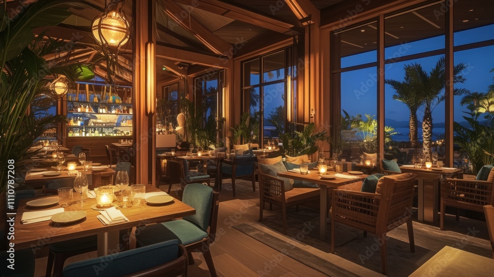 Fototapeta premium Luxurious beachfront restaurant interior at night.