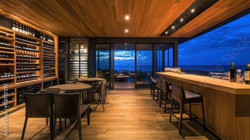 Modern wine bar with ocean view at dusk.