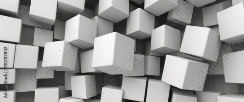 Geometric 3D cube pattern with square tiles, perfect for modern design backgrounds,Dynamic Abstract 3D White Geometric Cubes Popping Out from White Wall – Minimalist Modern Digital Art for Architectur