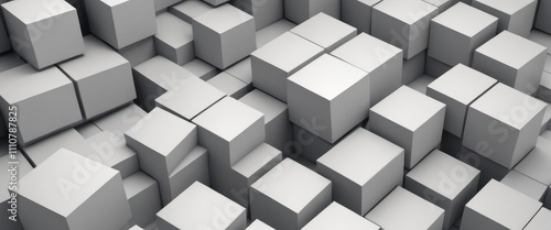 Geometric 3D cube pattern with square tiles, perfect for modern design backgrounds,Dynamic Abstract 3D White Geometric Cubes Popping Out from White Wall – Minimalist Modern Digital Art for Architectur