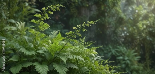 Curved bouquet with many small seeds and fresh green leaves of Nettle or Laportea Interrupta in tropical herb garden , nature, plants, tropical herb garden photo