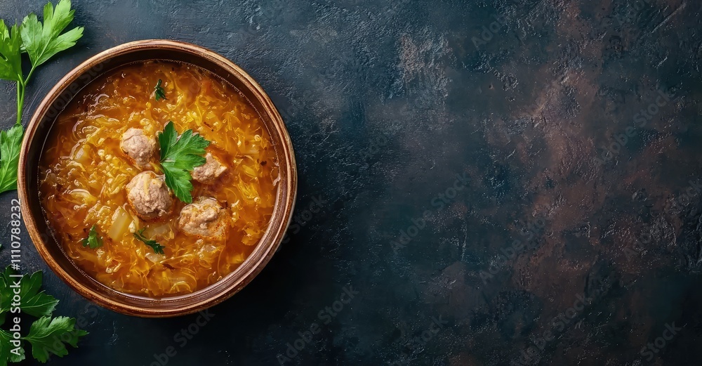 Traditional sauerkraut soup, shchi with meat and vegetables. AI generated illustration. Traditional sauerkraut soup, shchi with meat and vegetables. AI generated illustration.