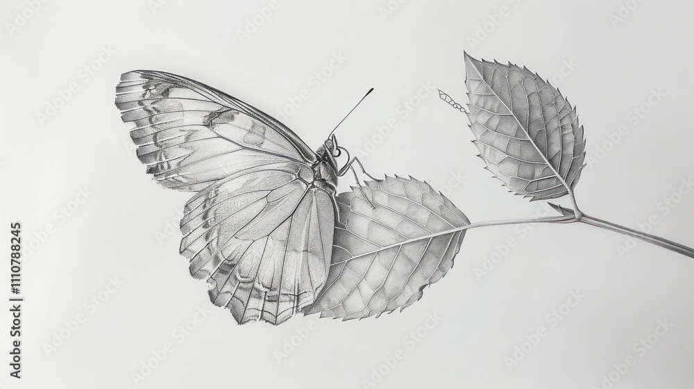Obraz premium Monochrome sketch of butterfly on leaves.