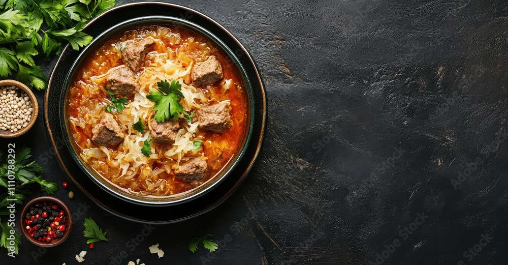 Traditional sauerkraut soup, shchi with meat and vegetables. AI generated illustration. Traditional sauerkraut soup, shchi with meat and vegetables. AI generated illustration.
