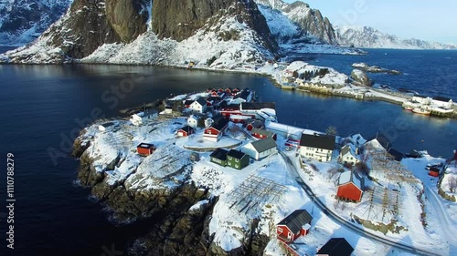 Aerial view of Lofoten island Norway. winter fly on fishing village of Hamnoy 