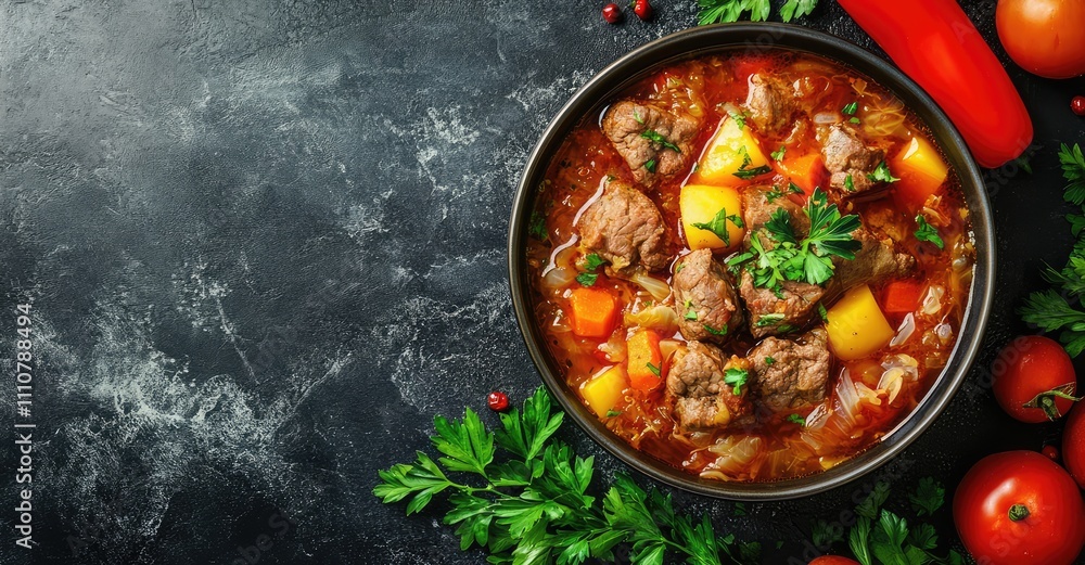 Traditional sauerkraut soup, shchi with meat and vegetables. AI generated illustration. Traditional sauerkraut soup, shchi with meat and vegetables. AI generated illustration.