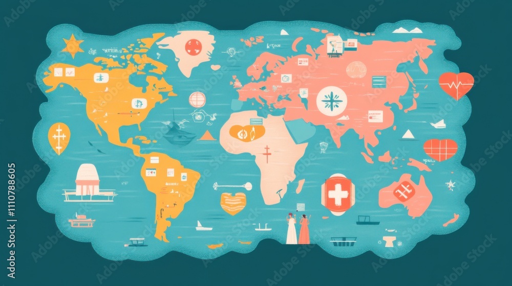 Naklejka premium Colorful World Map Illustration with Icons for Health and Travel