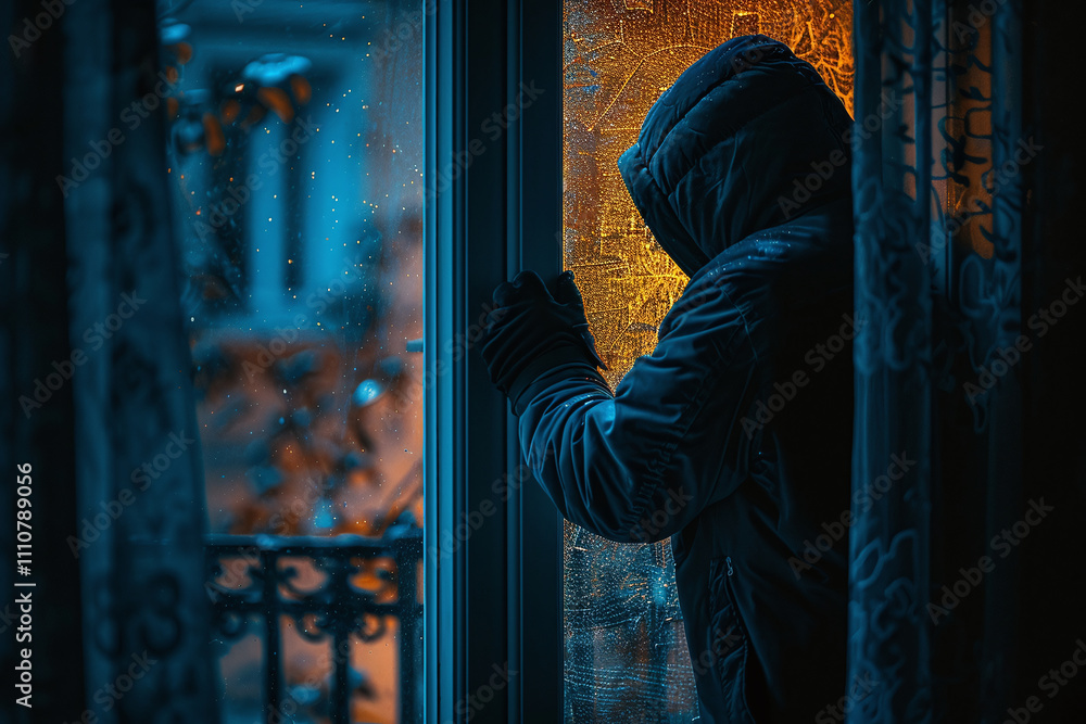 Burglar with a crow breaking into a house via window. A thief braking into home in the middle of the night. Burglar with a crow breaking into a house via window. A thief braking into home in the middle of the night.