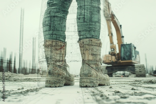 Construction Worker's Boots on Blueprint Overlay at Construction Site