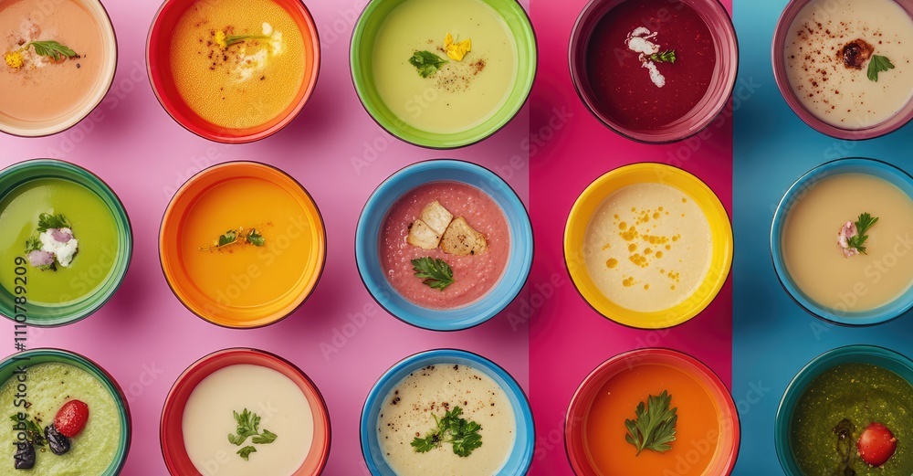 Variety of Garnished Soups in Colorful Bowls. AI generated illustration. Variety of Garnished Soups in Colorful Bowls. AI generated illustration.