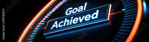 Goal achieved displayed in vibrant colors on digital screen, symbolizing success and accomplishment. design features modern aesthetic with glowing elements