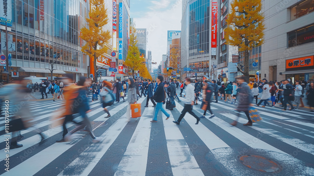 Obraz premium Blurred Crowd of unrecognizable business people walking on Zebra crossing in rush hour working day, blur business and people, lifestyle and leisure 