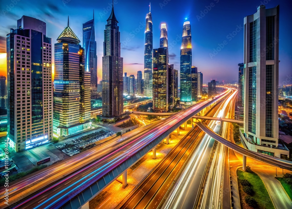 Fototapeta premium Stunning Drone Photography of Traffic Trails Along Sheikh Zayed Road Near Metro Station, Capturing the Vibrant Night Life and Urban Energy of Dubai's Iconic Roadway