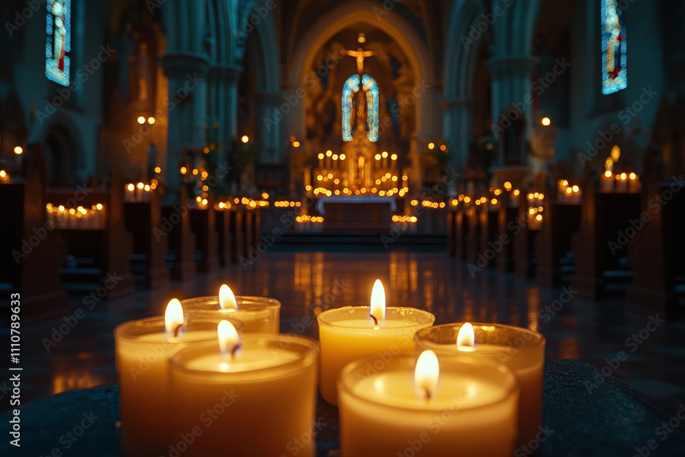 Christian altar with candles, carved crucifix in softly lit church. Majestic cathedral interior adorned with candles. Peace and spirituality Christian altar with candles, carved crucifix in softly lit church. Majestic cathedral interior adorned with candles. Peace and spirituality