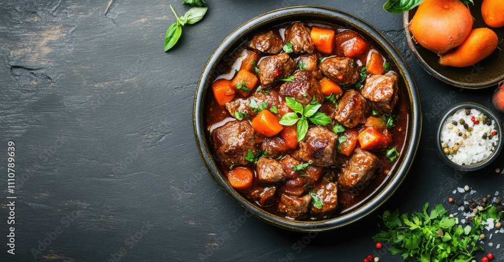 Veal Stewed with Vegetables in Tomato Sauce. AI generated illustration. Veal Stewed with Vegetables in Tomato Sauce. AI generated illustration.
