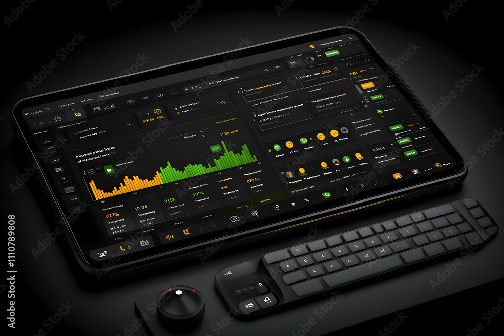 Dark interface tablet with keyboard and control knob displaying data analytics. Dark interface tablet with keyboard and control knob displaying data analytics.