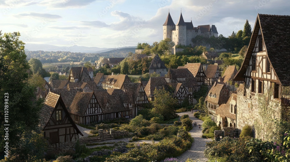 Obraz premium Medieval village nestled below a majestic castle on a hillside, bathed in warm sunlight.